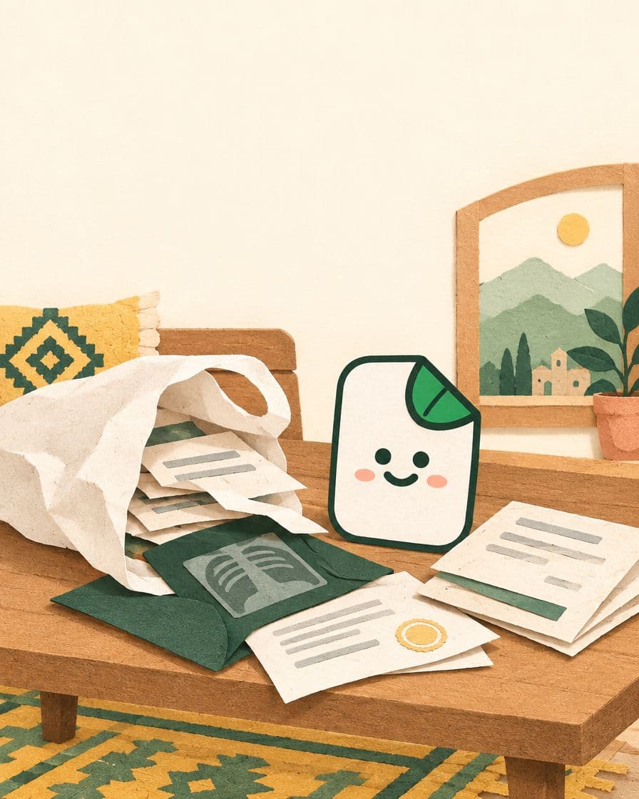 Cut-paper scene: a paper bag of prescriptions and an X-ray envelope on a table, with a smiling paper character standing beside them.