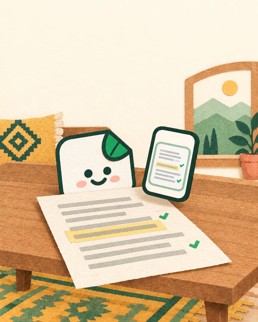 Cut-paper scene: a smiling paper character beside a paper with one line highlighted in yellow, and a phone showing the same lines with ticks.
