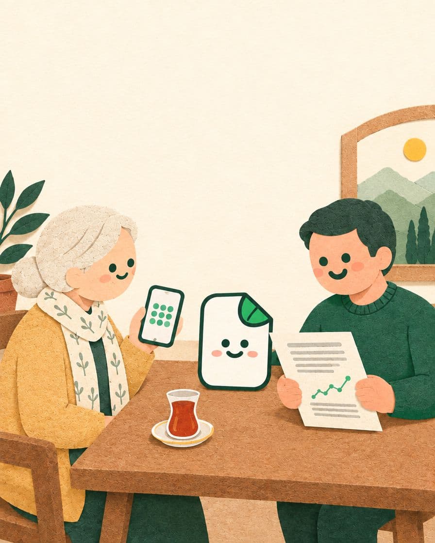 Cut-paper scene: an older woman holding up a phone with a QR code, while a doctor reads a one-page summary across the table.