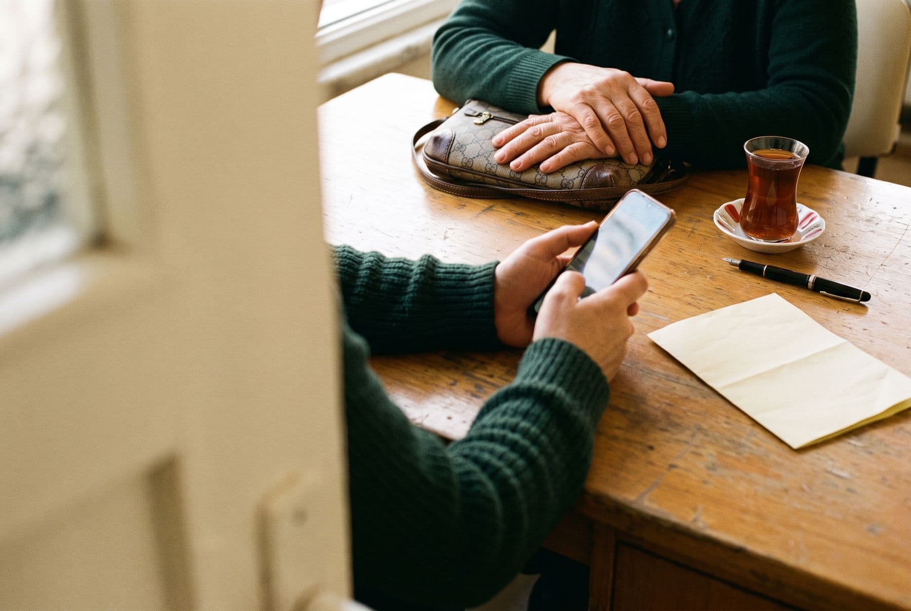 Two people at a wooden table: one holds a phone, the other rests both hands on a handbag, with a glass of tea, a pen and a folded paper.